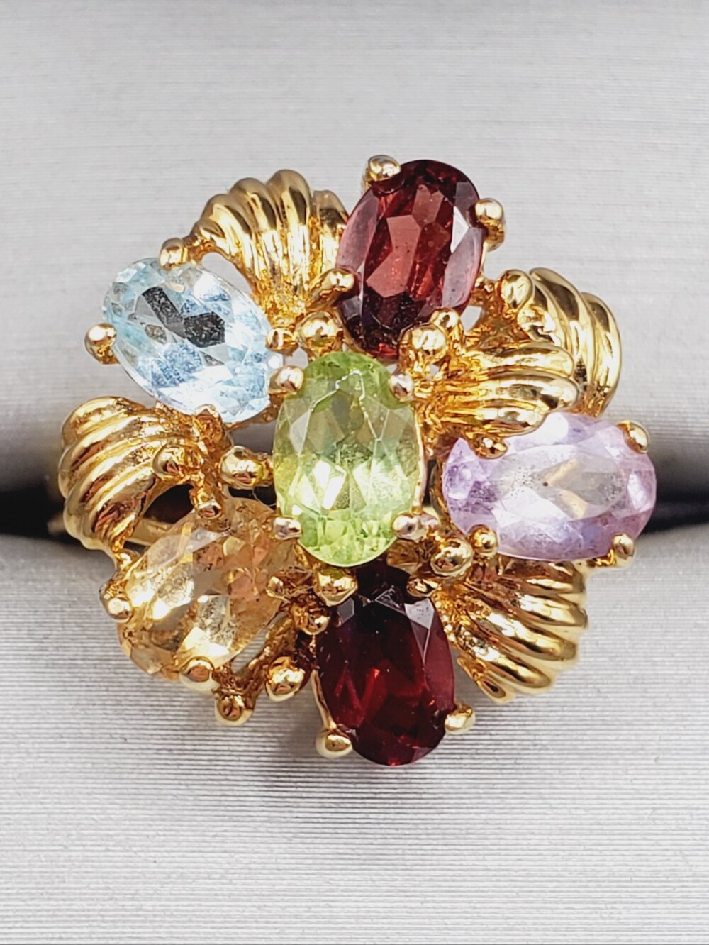 Oval Multi-Gemstone Yellow Gold - 925 Sterling Silver Cluster Ring